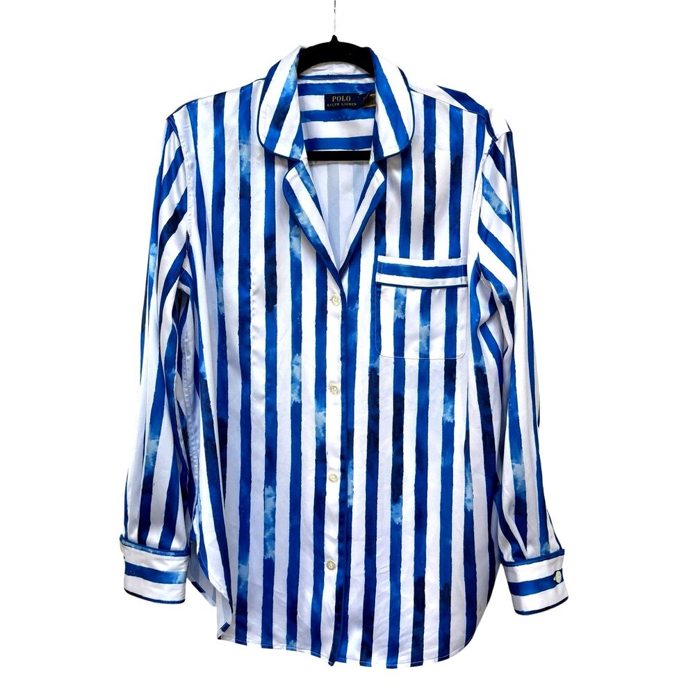 Polo Ralph Lauren Womans S Blue White Stripe Satin Blouse Button Front Resort
